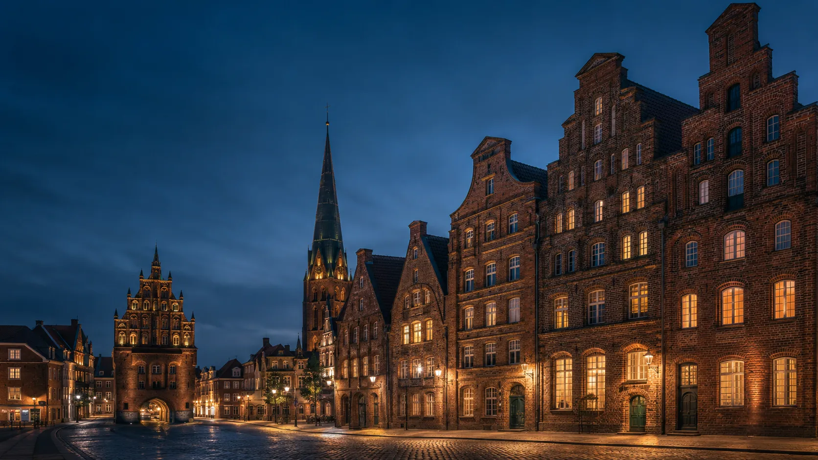 Hanseatische Altstadt mit Backsteingotik in der Abenddämmerung
